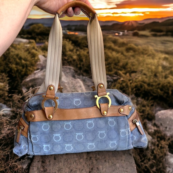 Ferragamo cotton blue denim shoulder satchel leather w/dustbag #H76c - Picture 4 of 10